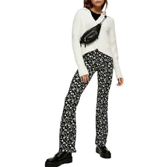 Topshop Pants - TOPSHOP floral print high rise slim fit crinkle flared pants monochrome Size 2